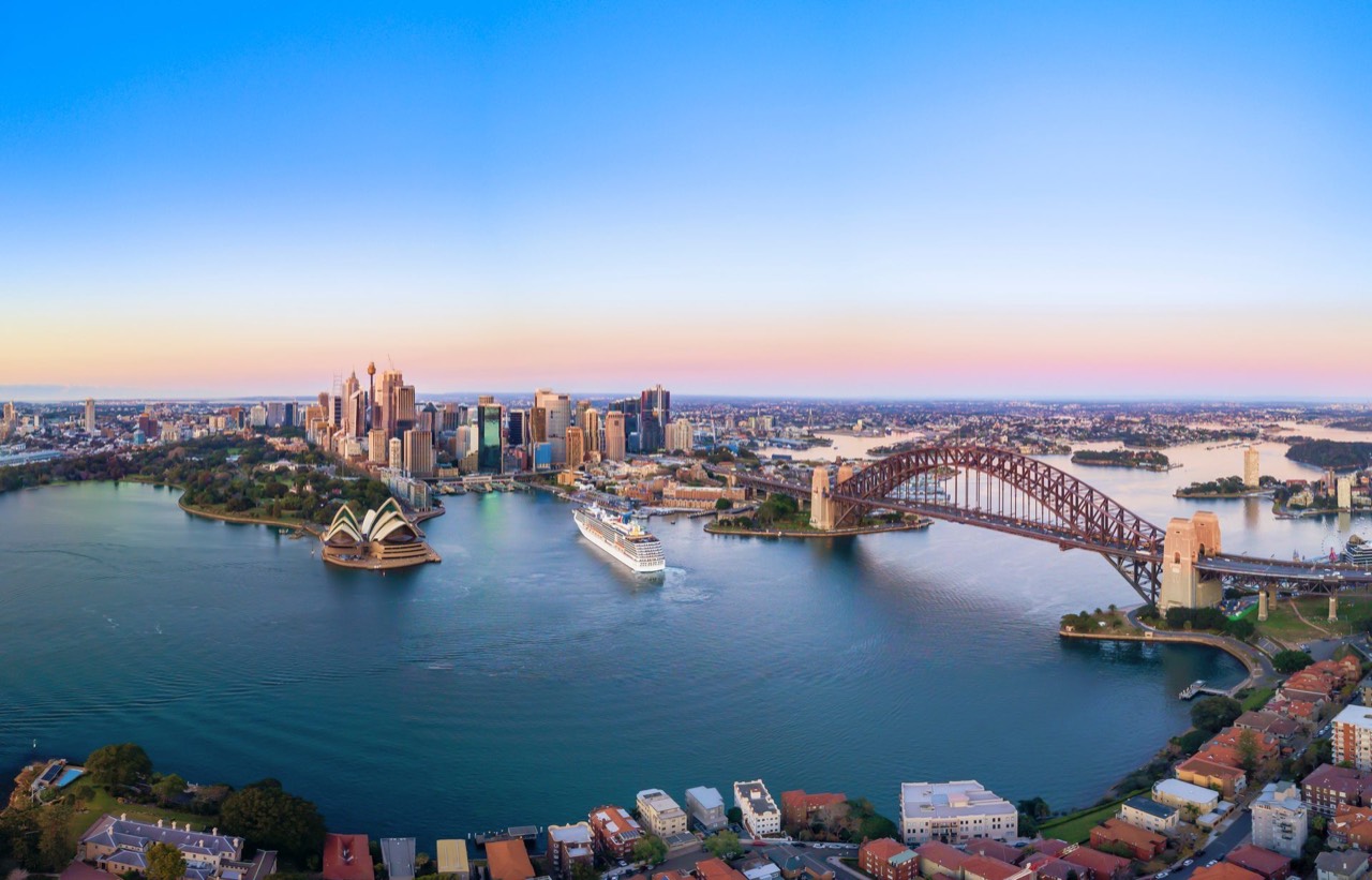 Sydney Harbour panorama with the bridge and city skyline in New South Wales